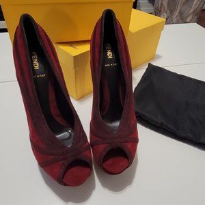 Fendi Red Velvet Peep-Toe Pumps Size:38